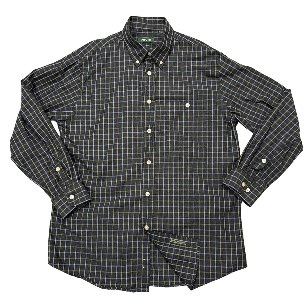 Orvis Country Twill Plaid Button Down Shirt Mens Large Grey Olive Green Cotton